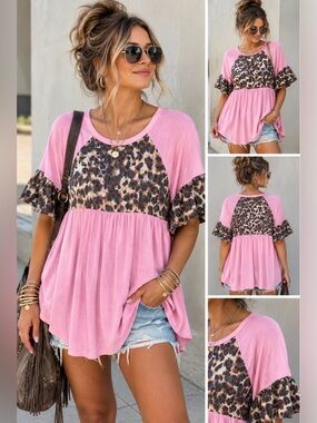 Emerald Babydoll Boho Cheetah Print Flowy Pink Top Ruffle Sleeve Women’s New